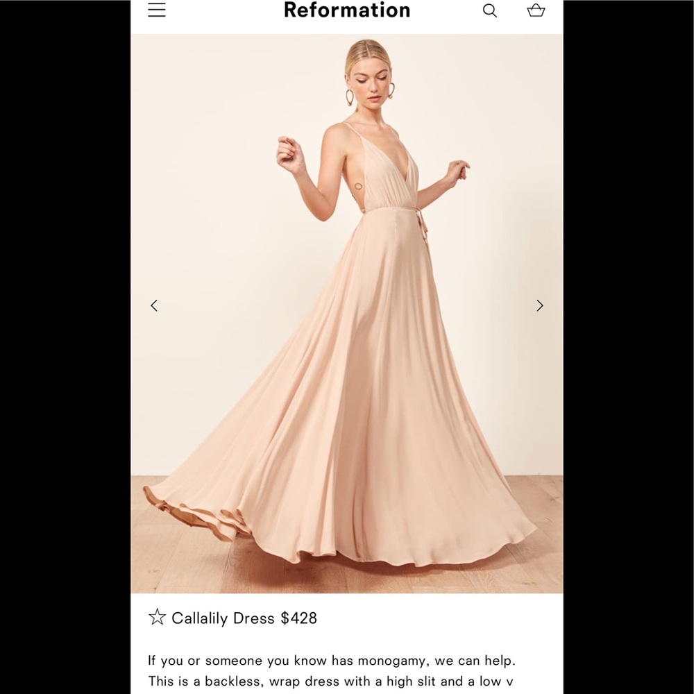 Reformation Callalily dress in champagne, size 0